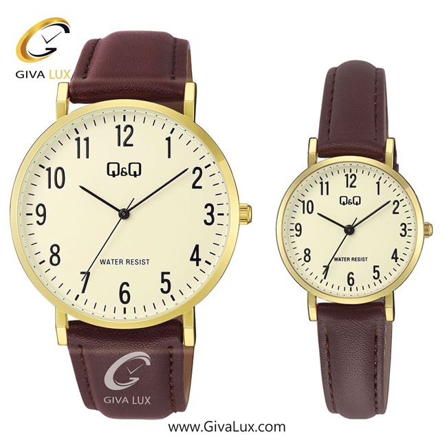 ساعت مچی اورجینال ست کیو اند کیو Q&Q طلایی | قهوه ای| طلایی| کد رفرنس مردانه: C43A-004PY، زنانه: C66A-001PY